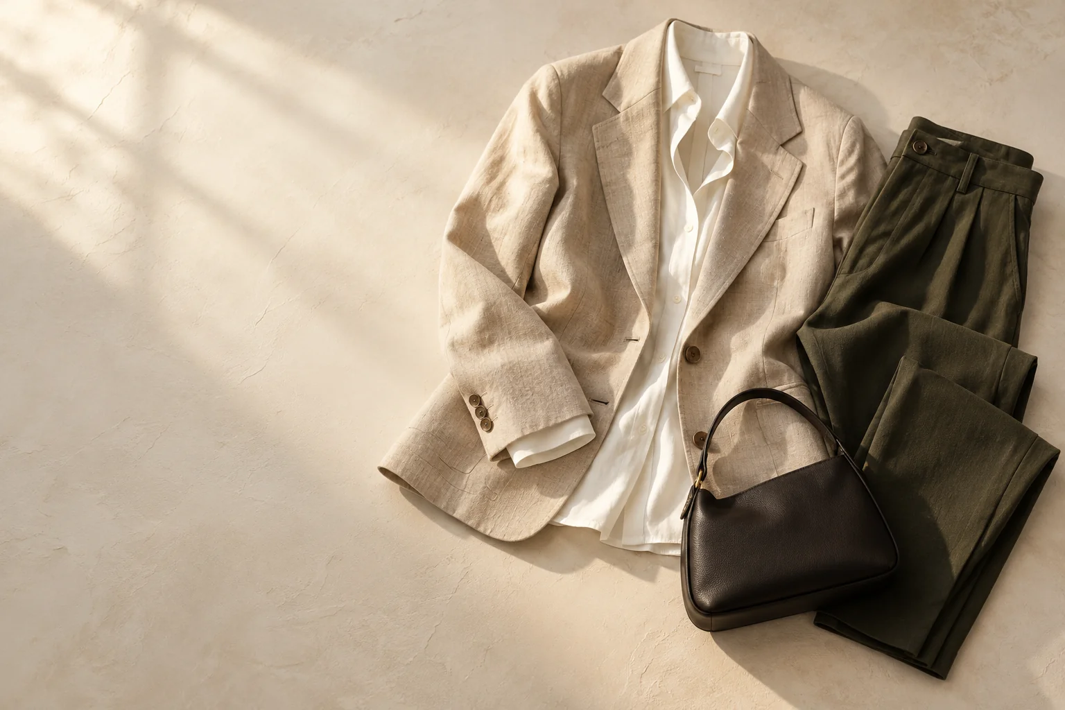 An illustrative arrangement of a light jacket, shirt, olive trousers and dark handbag